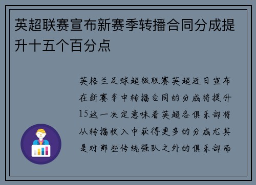 英超联赛宣布新赛季转播合同分成提升十五个百分点 英超联赛宣布新赛季转播合同分成提升十五个百分点