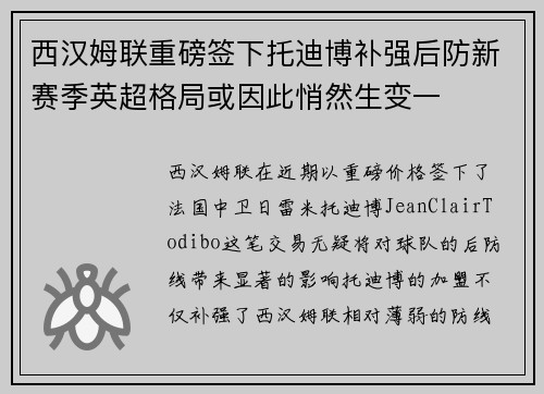 西汉姆联重磅签下托迪博补强后防新赛季英超格局或因此悄然生变一 西汉姆联重磅签下托迪博补强后防新赛季英超格局或因此悄然生变一